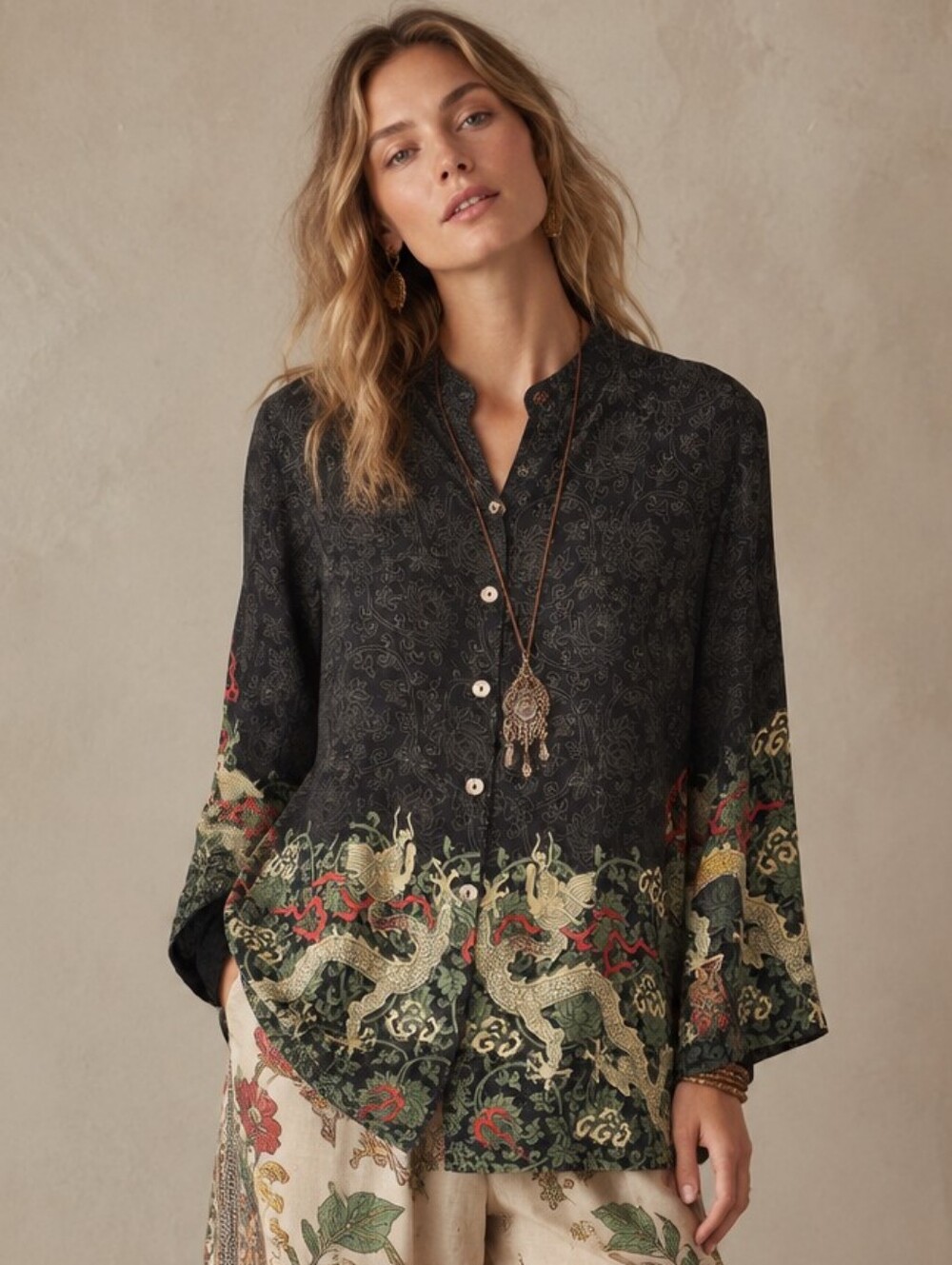 Citron Santa Monica 100% Silk Printed Dragon Border Button-Down Kimono Tunic Top